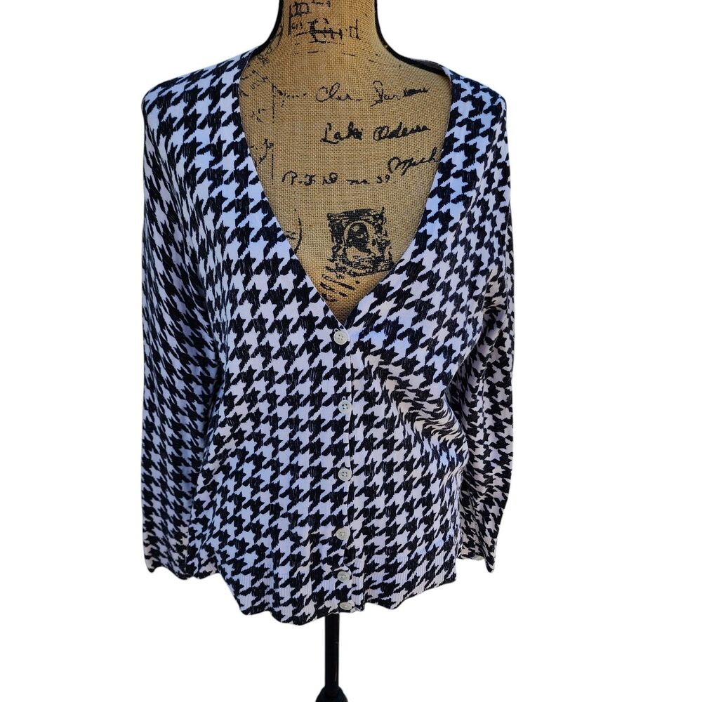 Merona Black White Houndstooth Cardigan Sweater Womens Large Button Front